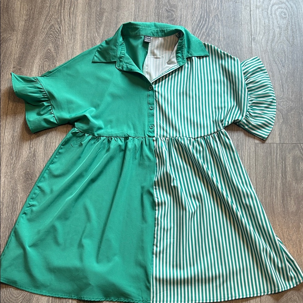 Shein Green and White Striped Button-Up Dress